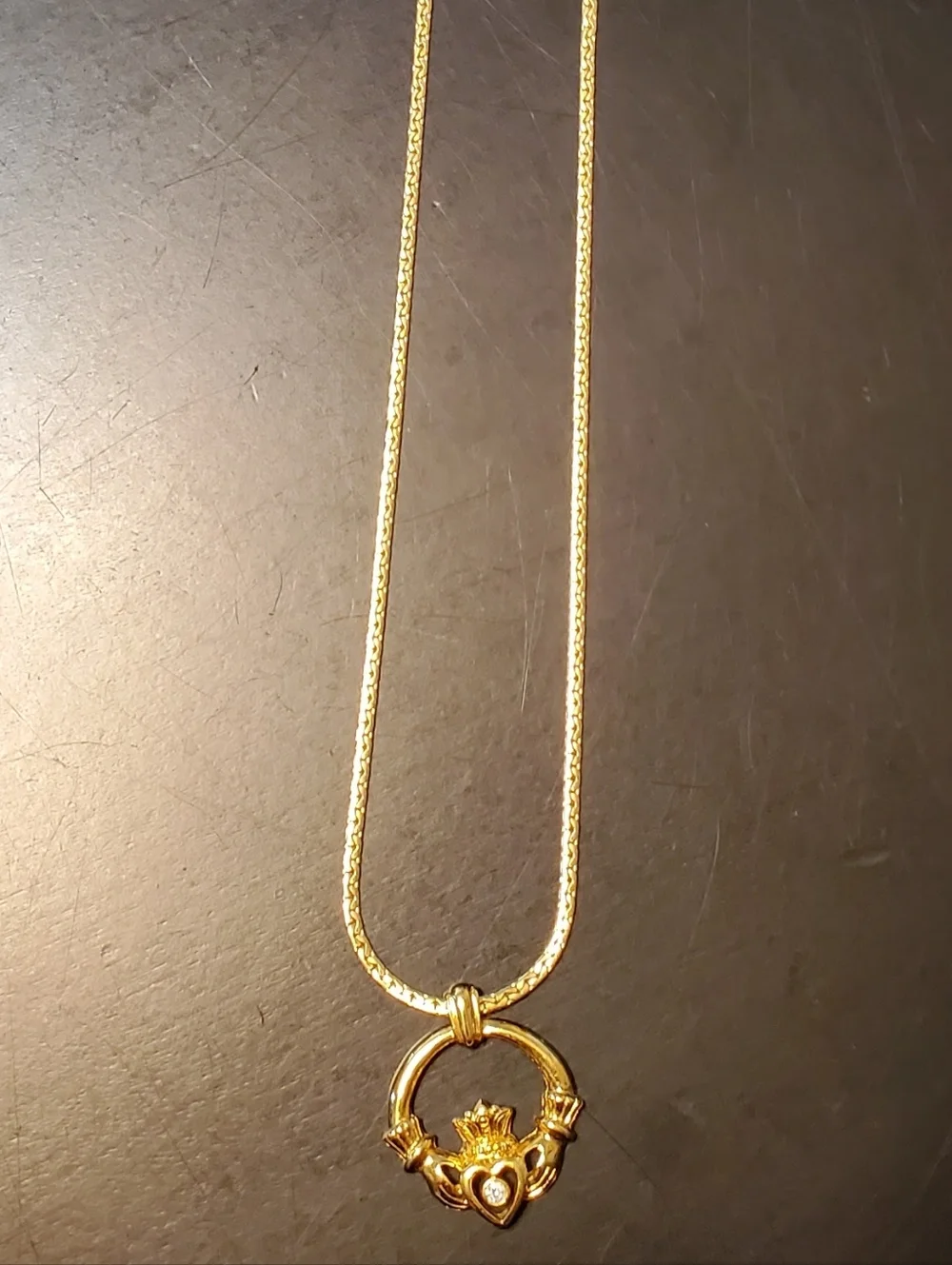Faux Gold Claddagh Pendant Necklace with Heart and‎ Clear Stone